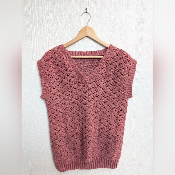 Vintage Handmade Crochet Knit Short Sleeve V Neck Cotton Sweater Boho Hippie - Picture 1 of 3